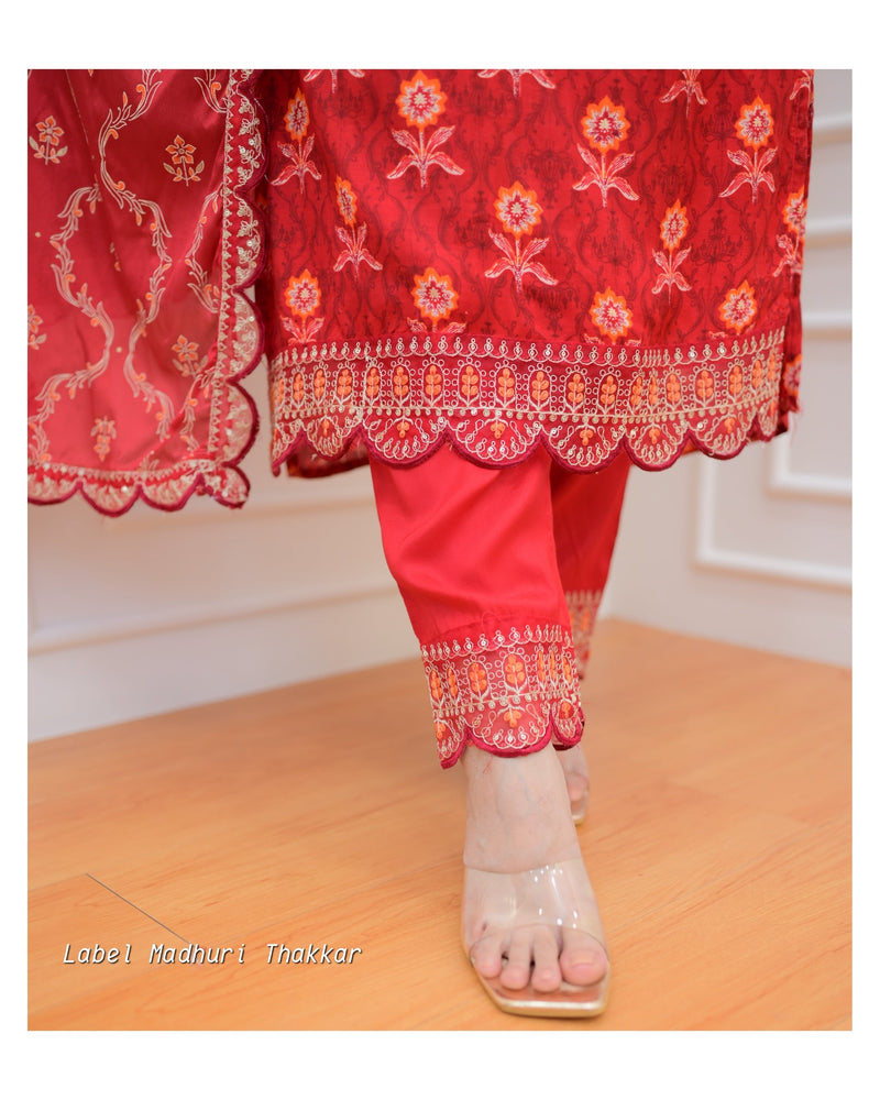 Red Muslin Floral Embroidered Suit