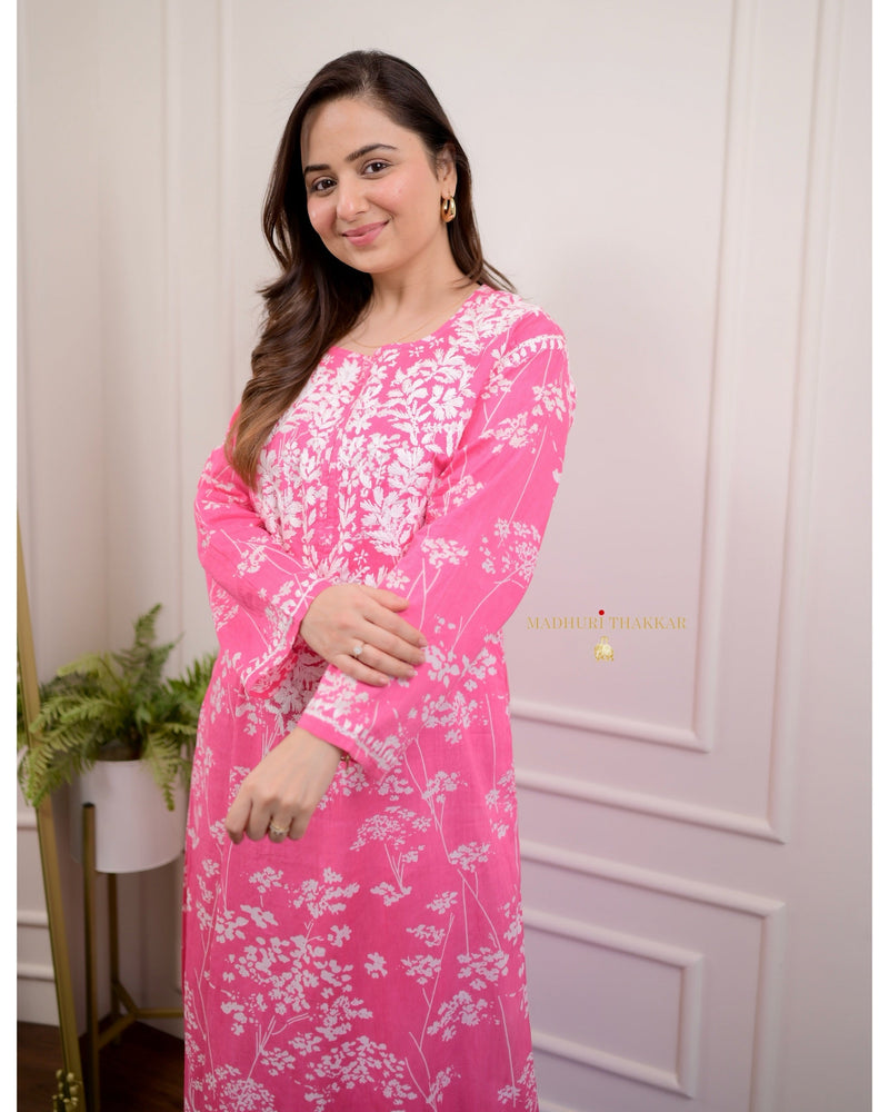 Pink Chikankari Mul Cotton Kurti