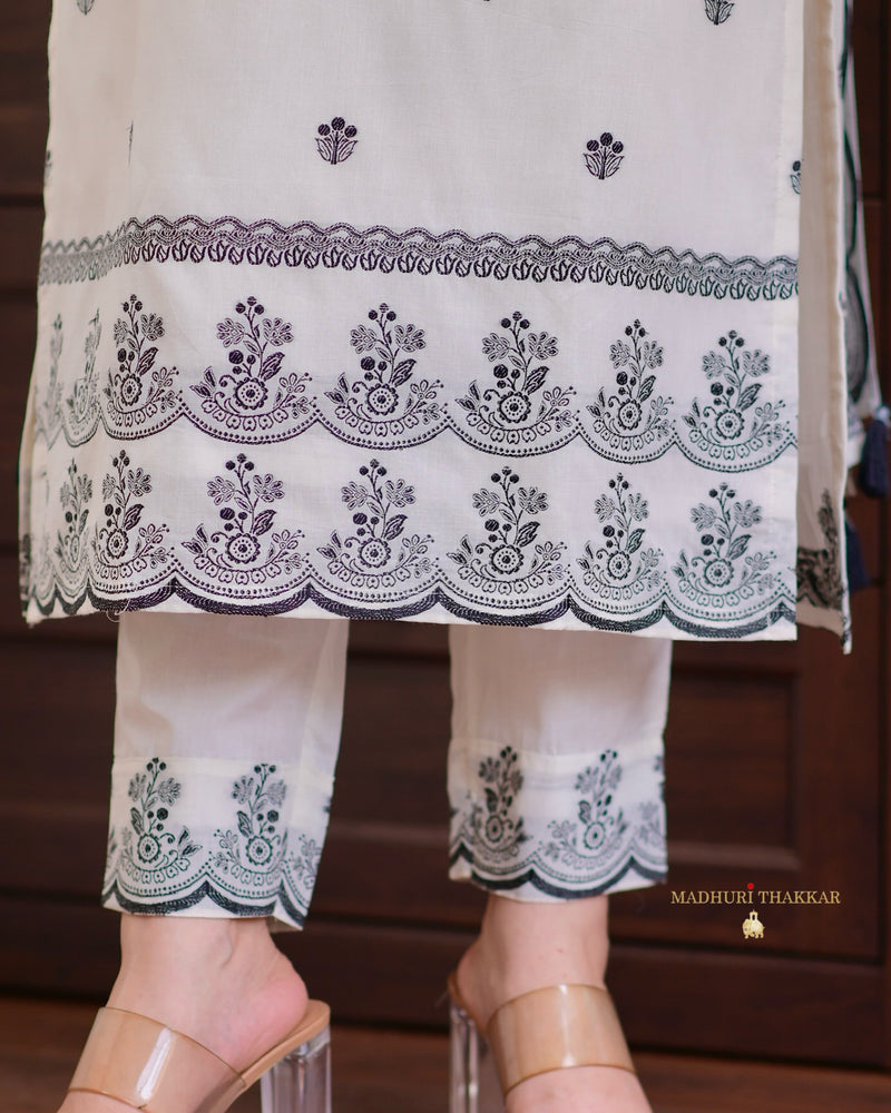 Ivory Black Jacquard Threadwork Chanderi Cotton Suit