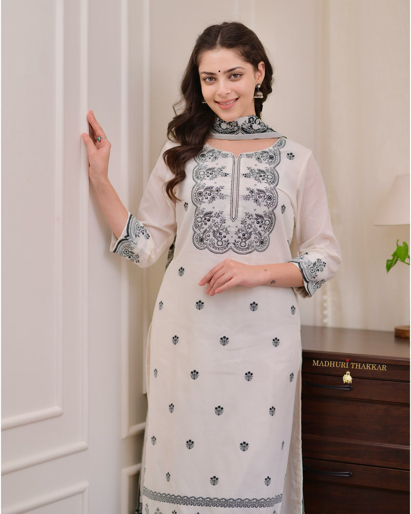 Ivory Black Jacquard Threadwork Chanderi Cotton Suit