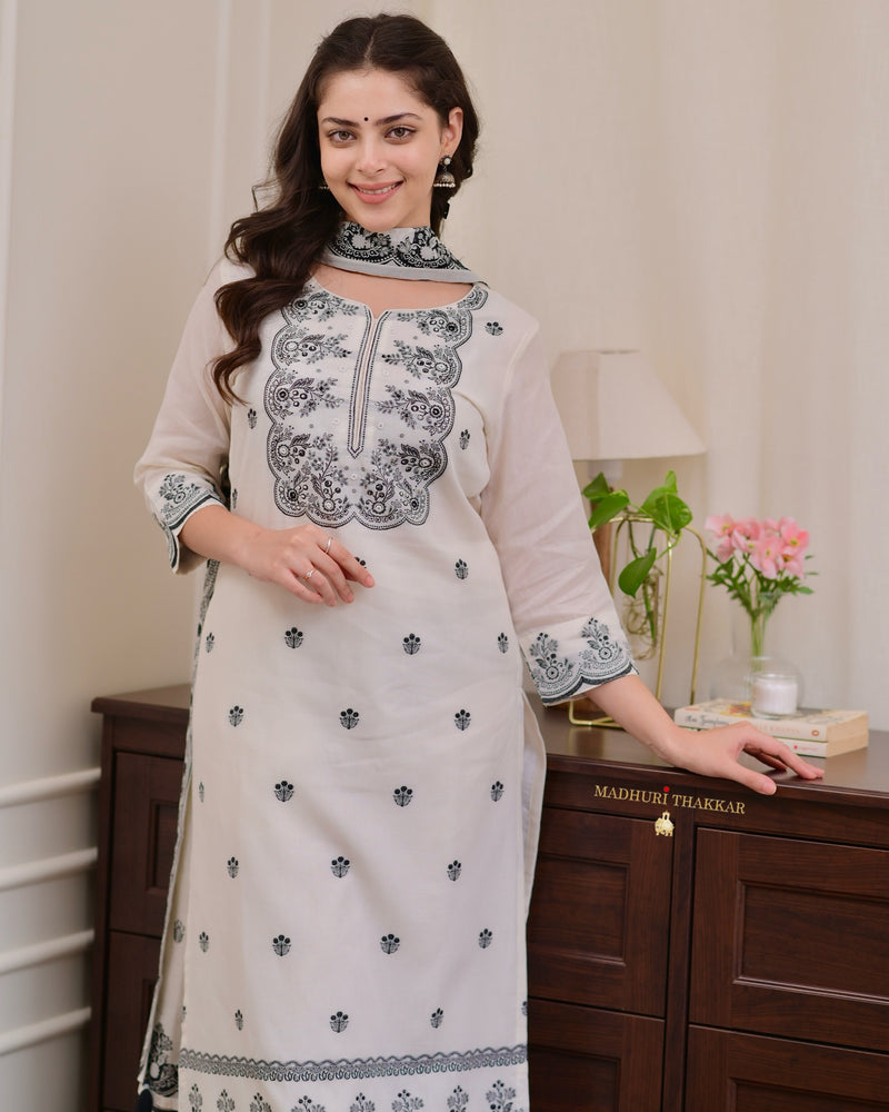 Ivory Black Jacquard Threadwork Chanderi Cotton Suit