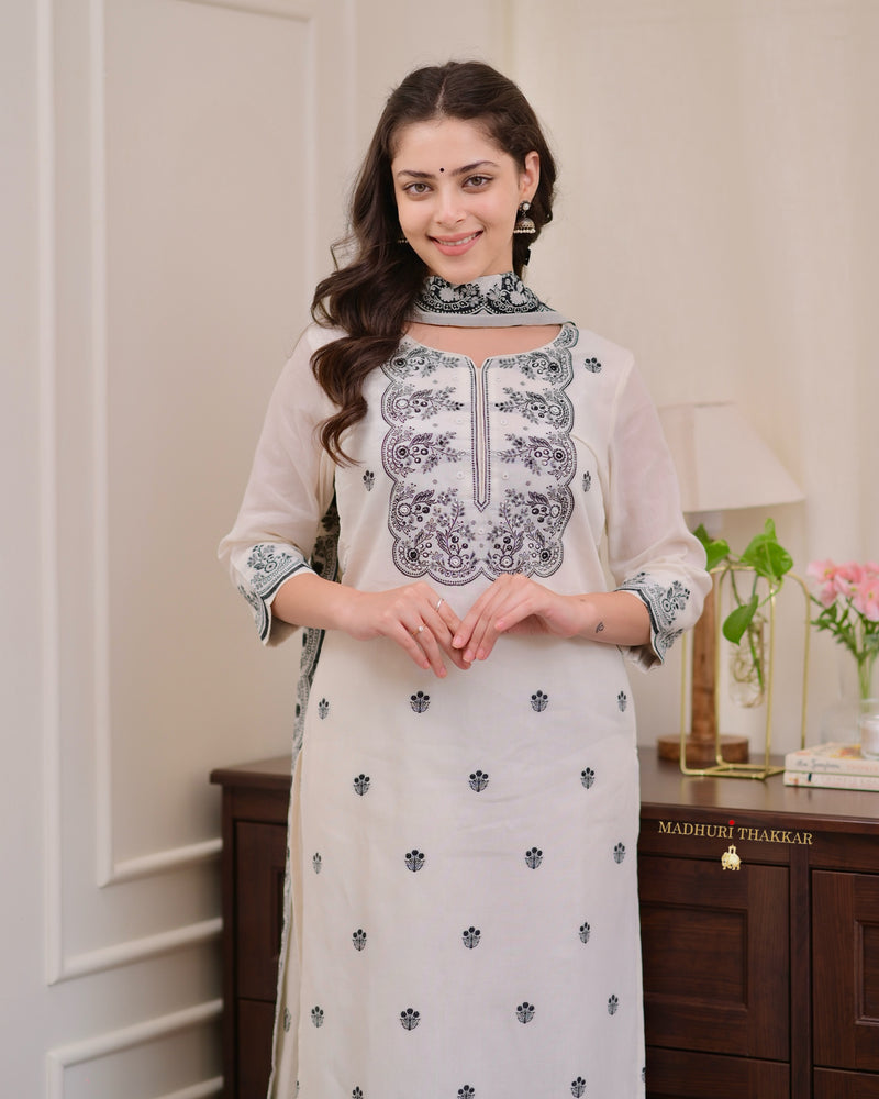 Ivory Black Jacquard Threadwork Chanderi Cotton Suit