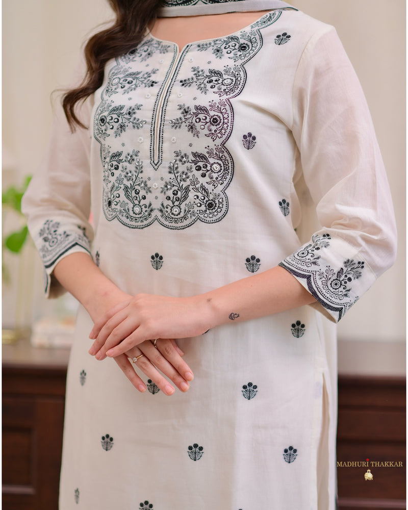 Ivory Black Jacquard Threadwork Chanderi Cotton Suit