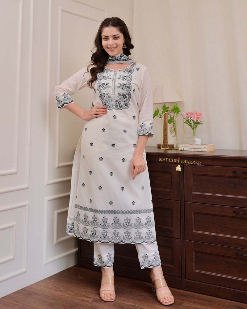 Ivory Black Jacquard Threadwork Chanderi Cotton Suit