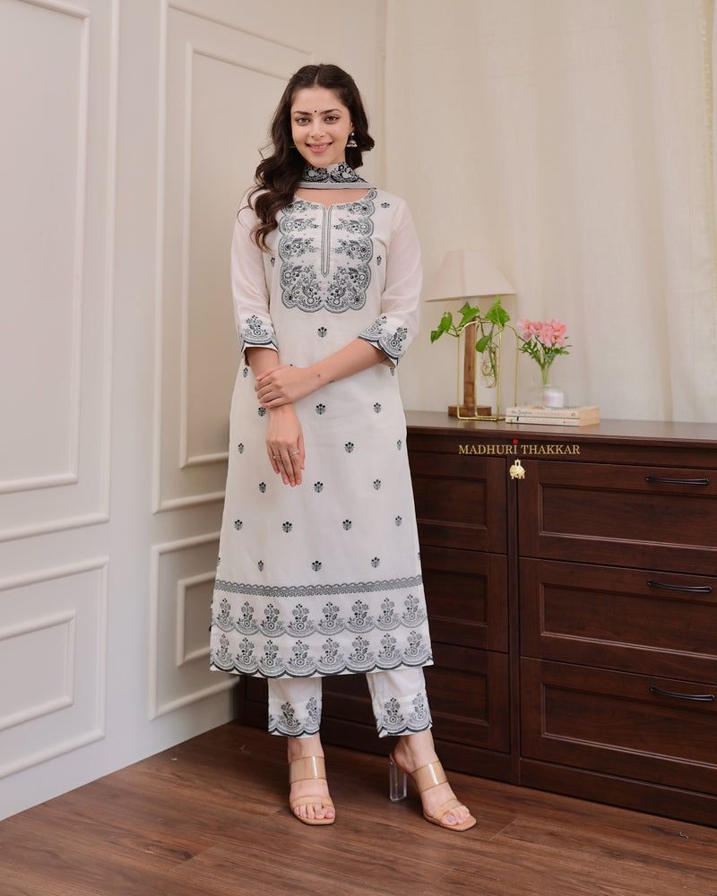 Ivory Black Jacquard Threadwork Chanderi Cotton Suit