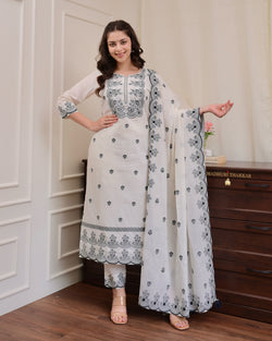 Ivory Black Jacquard Threadwork Chanderi Cotton Suit