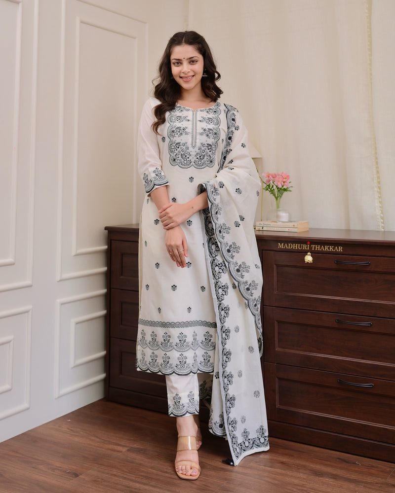 Ivory Black Jacquard Threadwork Chanderi Cotton Suit