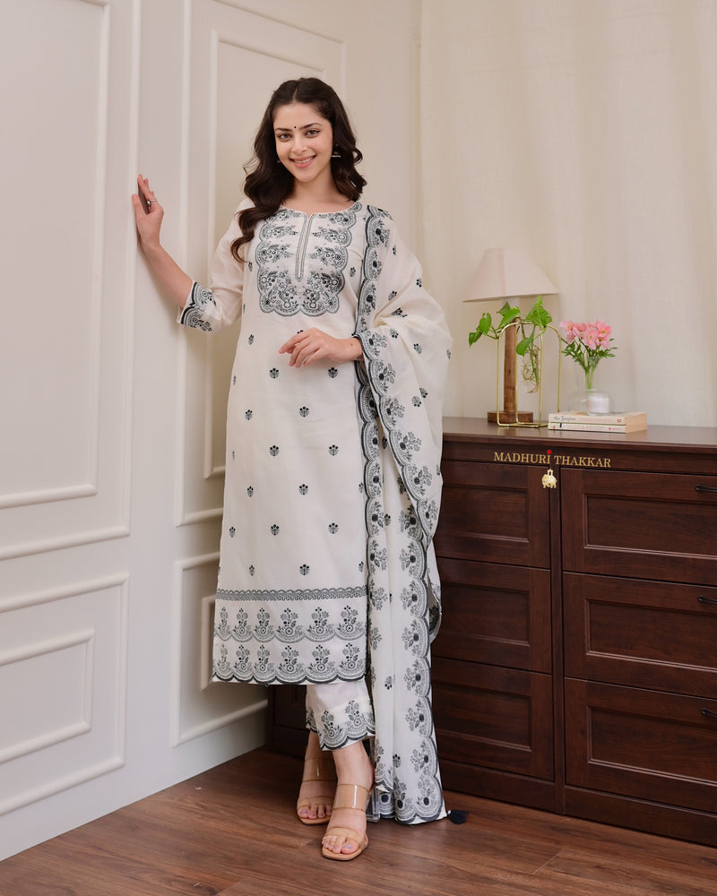 Ivory Black Jacquard Threadwork Chanderi Cotton Suit