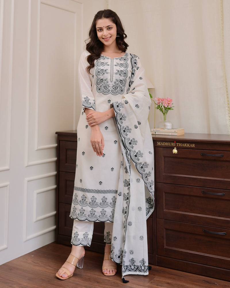 Ivory Black Jacquard Threadwork Chanderi Cotton Suit