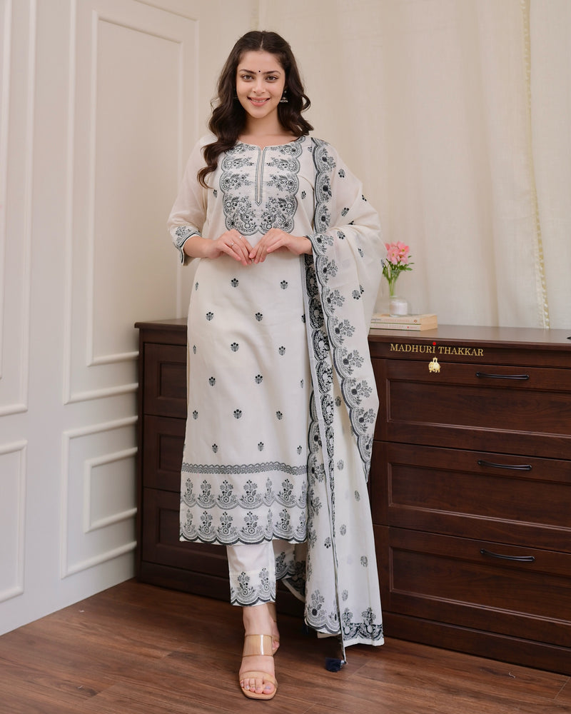 Ivory Black Jacquard Threadwork Chanderi Cotton Suit