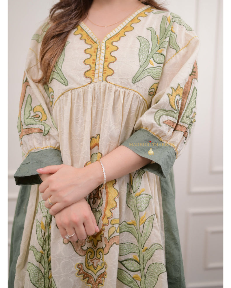Ivory - Green Threadwork Dress