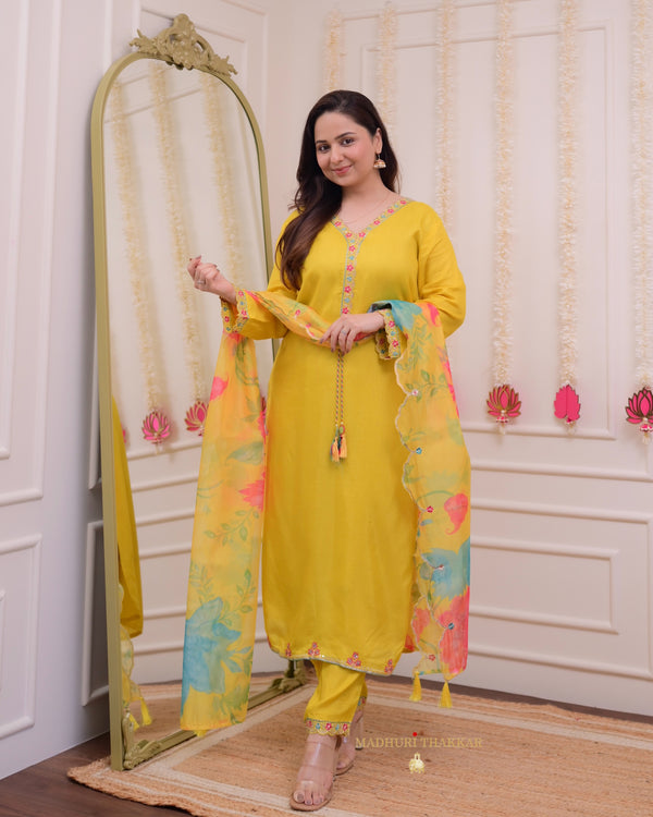 Yellow Handwork Dola Silk Festive Suit