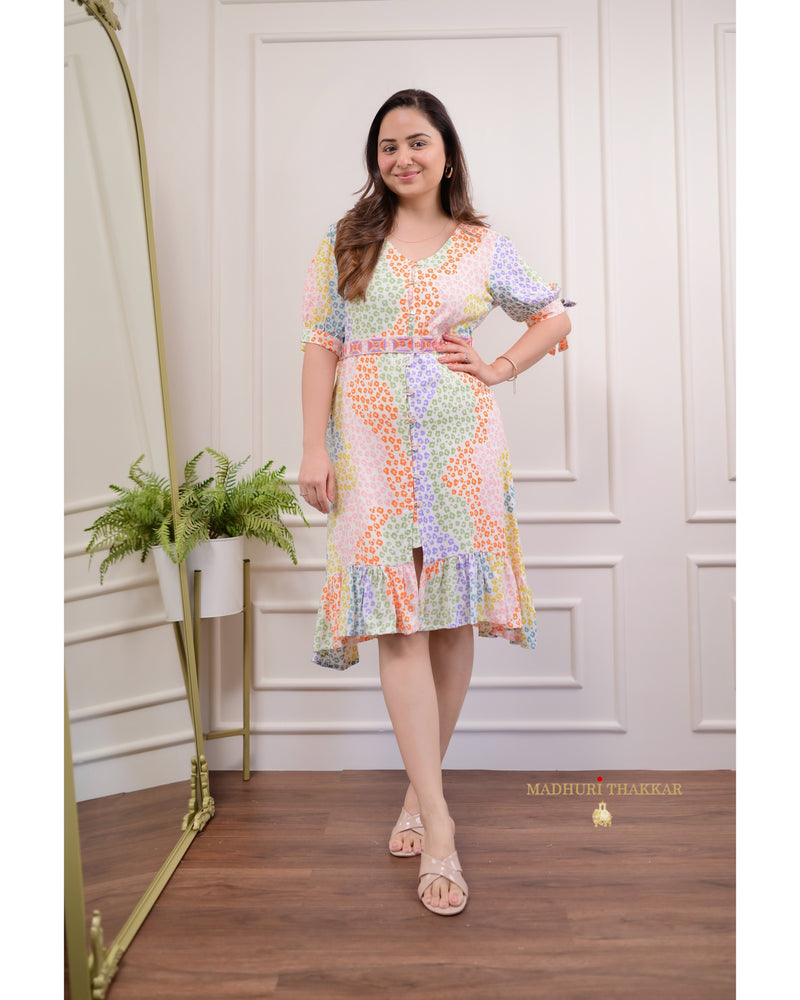 Multicolor Belt Frill Dress