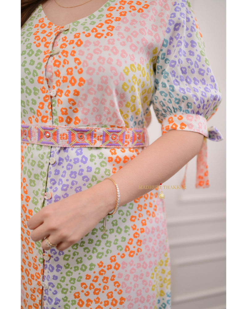 Multicolor Belt Frill Dress