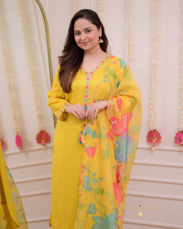 Yellow Handwork Dola Silk Festive Suit