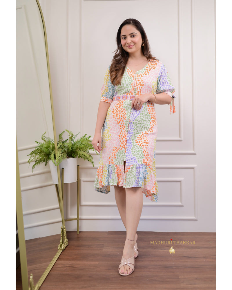 Multicolor Belt Frill Dress