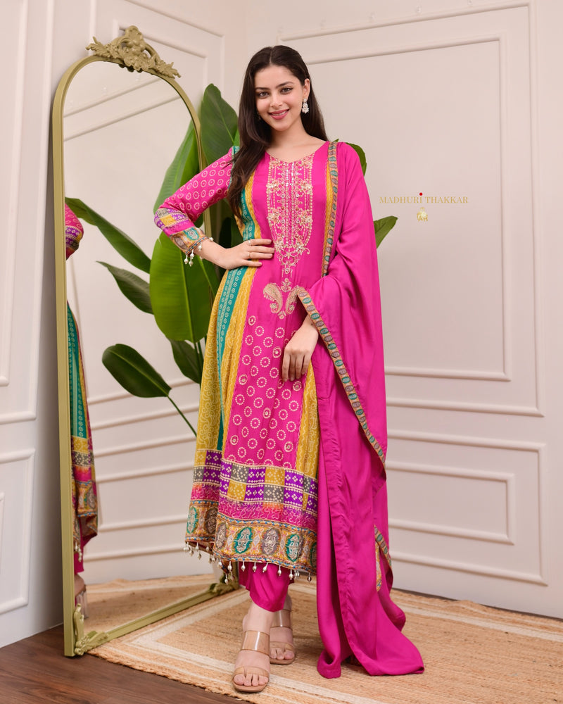 Pink Patch Print A Line Muslin Festive Suit