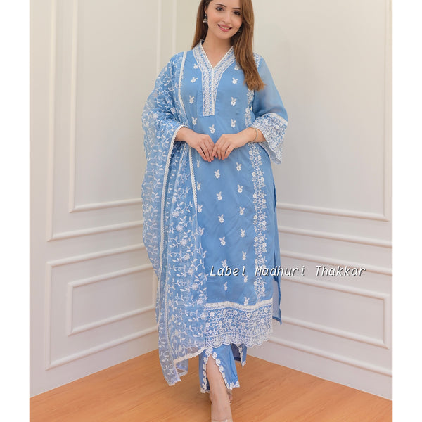 Sky Blue Schiffli Embroidered A-line Dress – M MarchLabel India