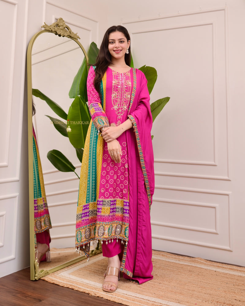 Pink Patch Print A Line Muslin Festive Suit