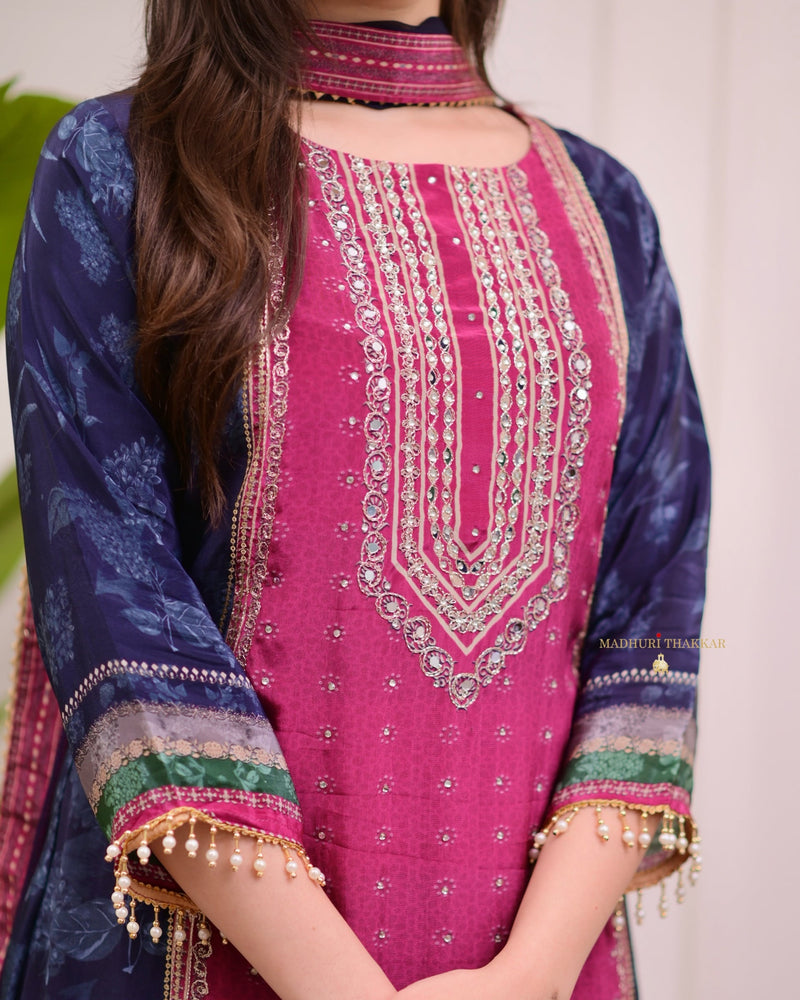 Magenta Navy Crepe A Line Handwork Festive Suit