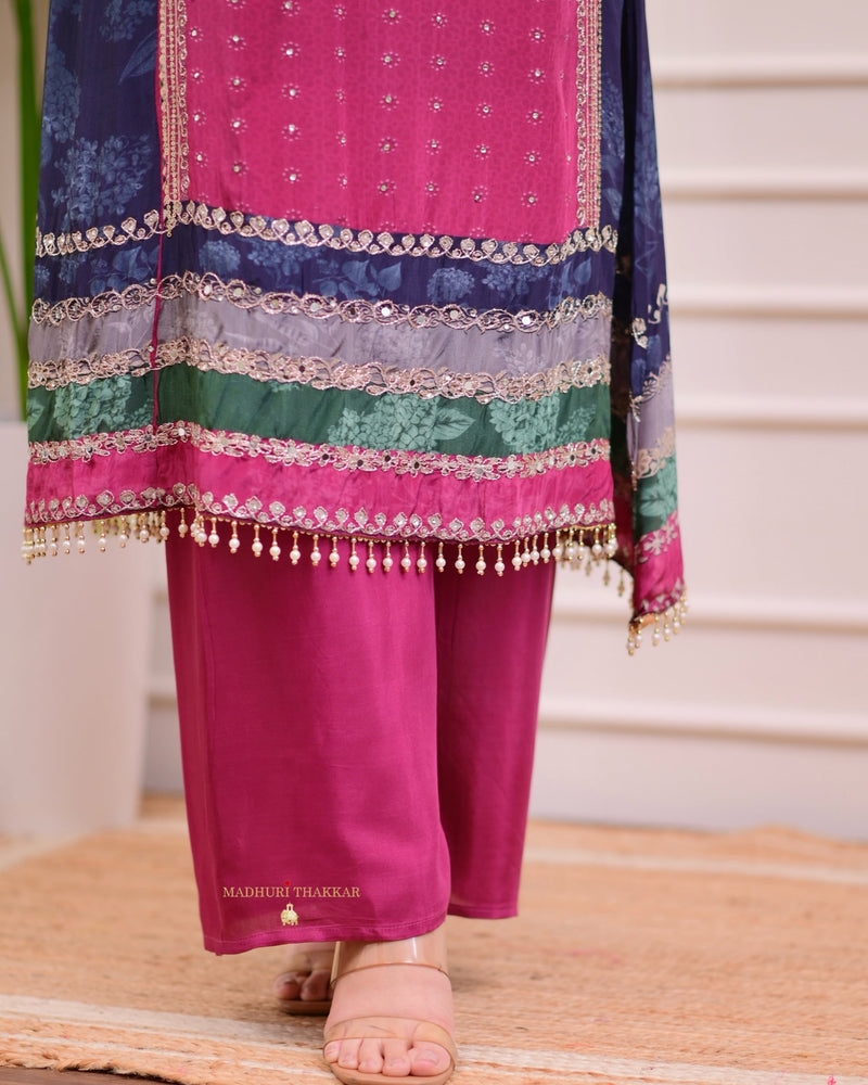 Magenta Navy Crepe A Line Handwork Festive Suit