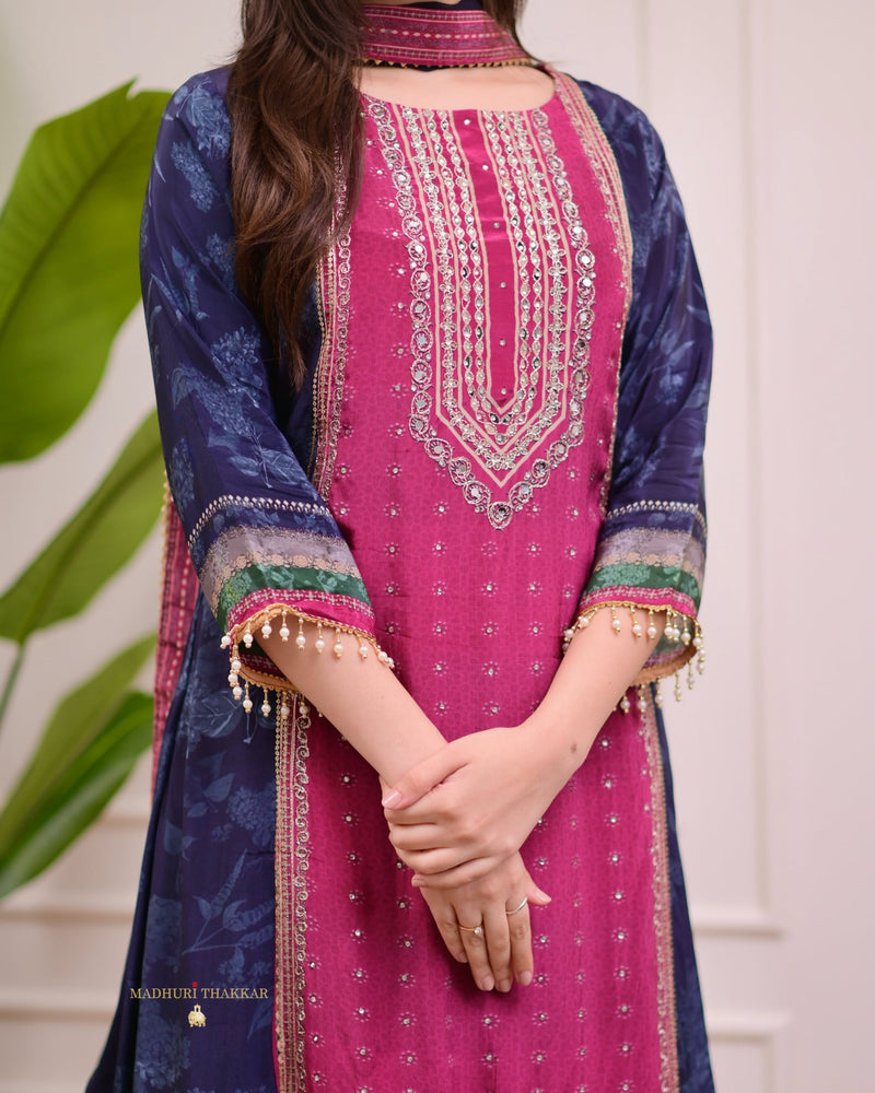 Magenta Navy Crepe A Line Handwork Festive Suit