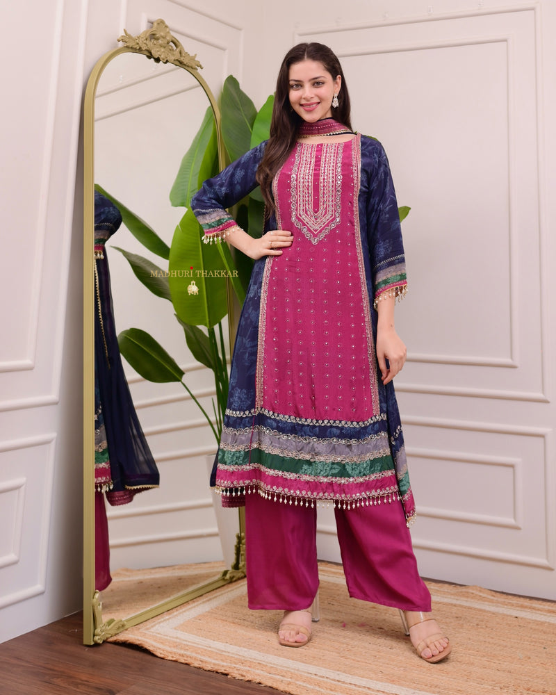 Magenta Navy Crepe A Line Handwork Festive Suit