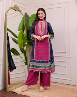 Magenta Navy Crepe A Line Handwork Festive Suit