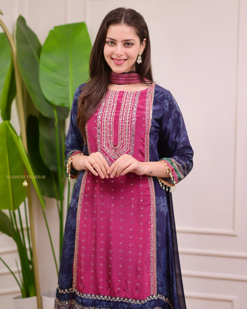 Magenta Navy Crepe A Line Handwork Festive Suit