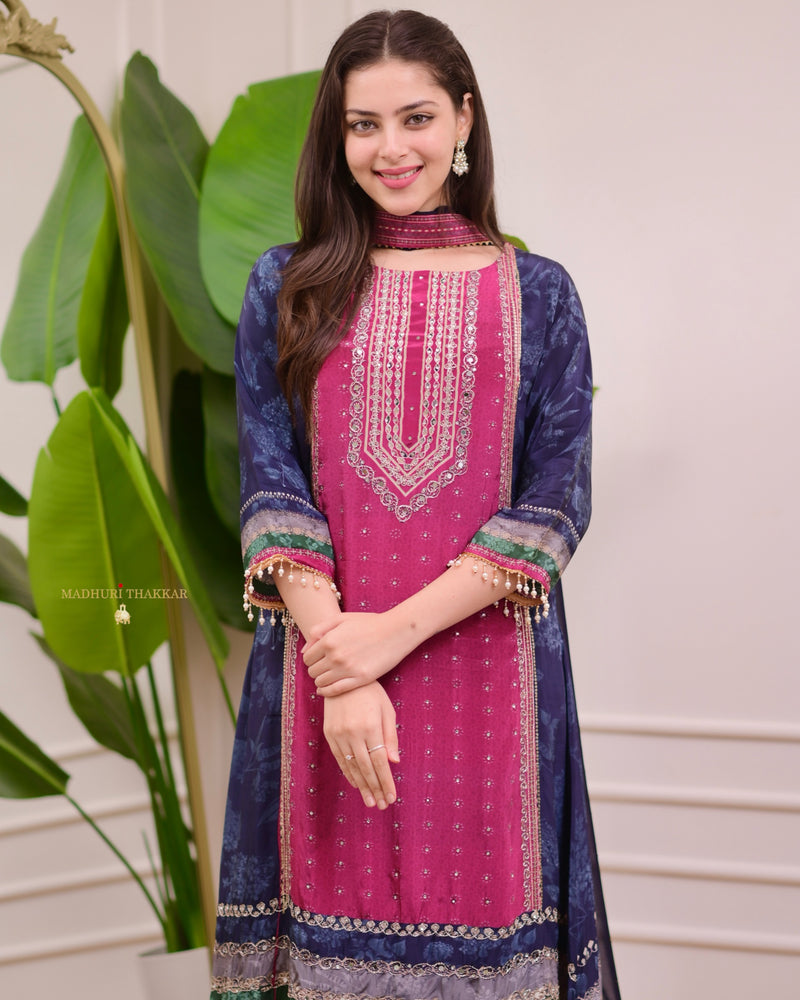 Magenta Navy Crepe A Line Handwork Festive Suit