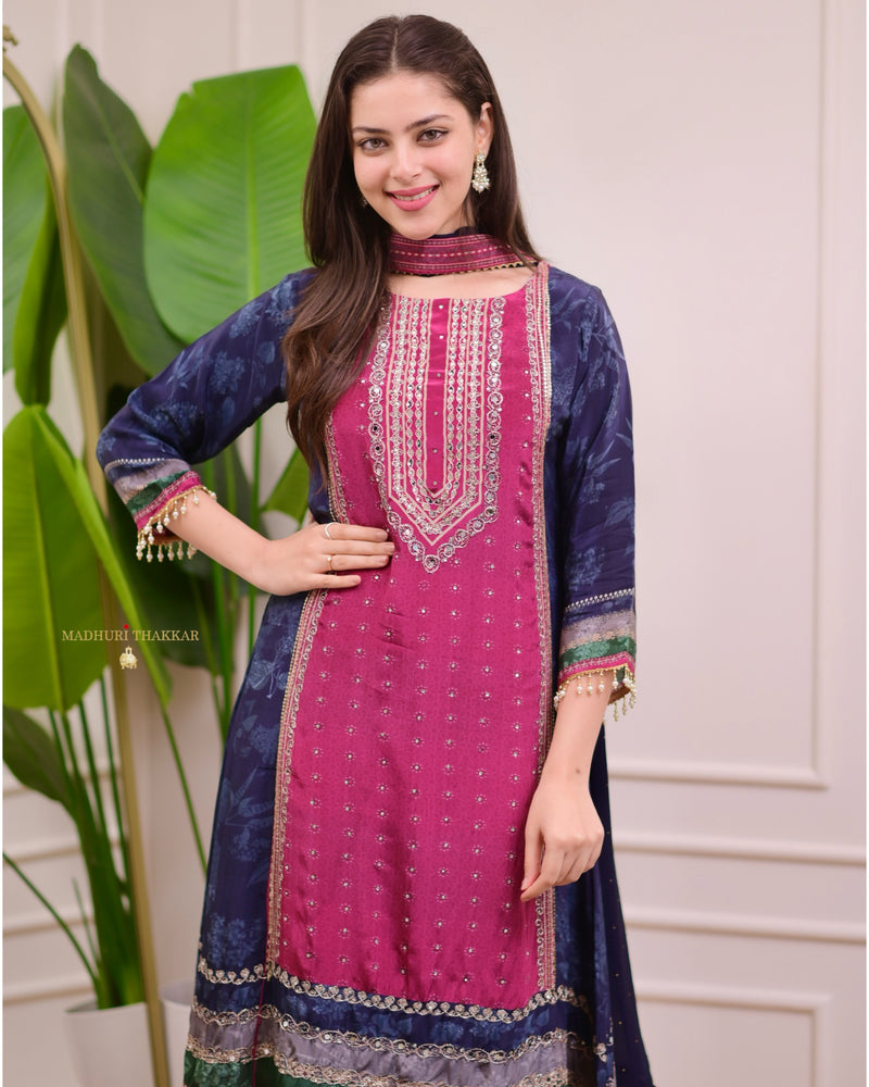 Magenta Navy Crepe A Line Handwork Festive Suit