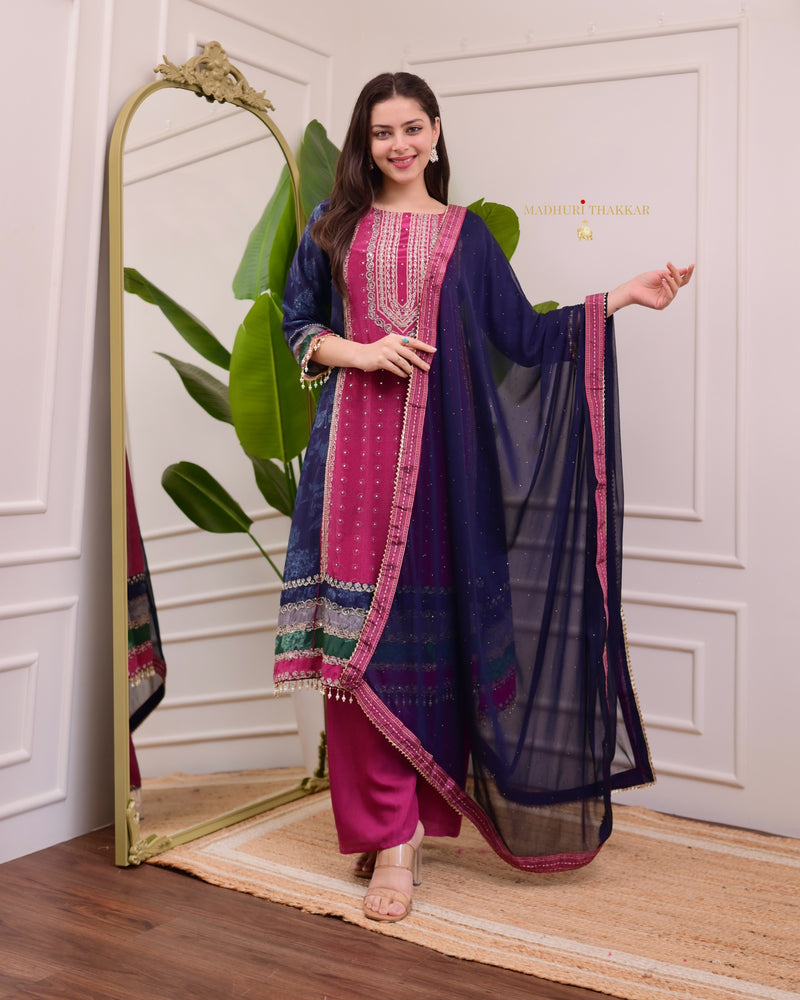 Magenta Navy Crepe A Line Handwork Festive Suit