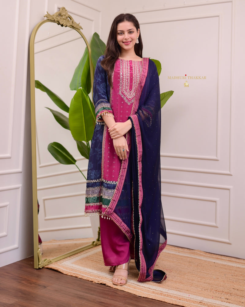 Magenta Navy Crepe A Line Handwork Festive Suit