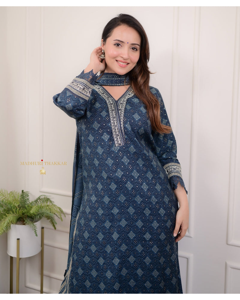 Blue Muslin Bandhani Print Afghani Suit