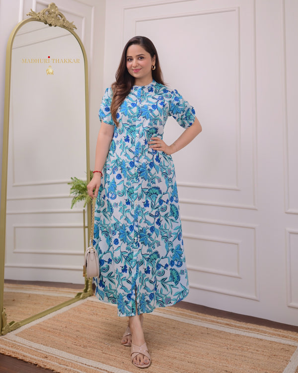 White Blue Floral Cotton A Line Dress