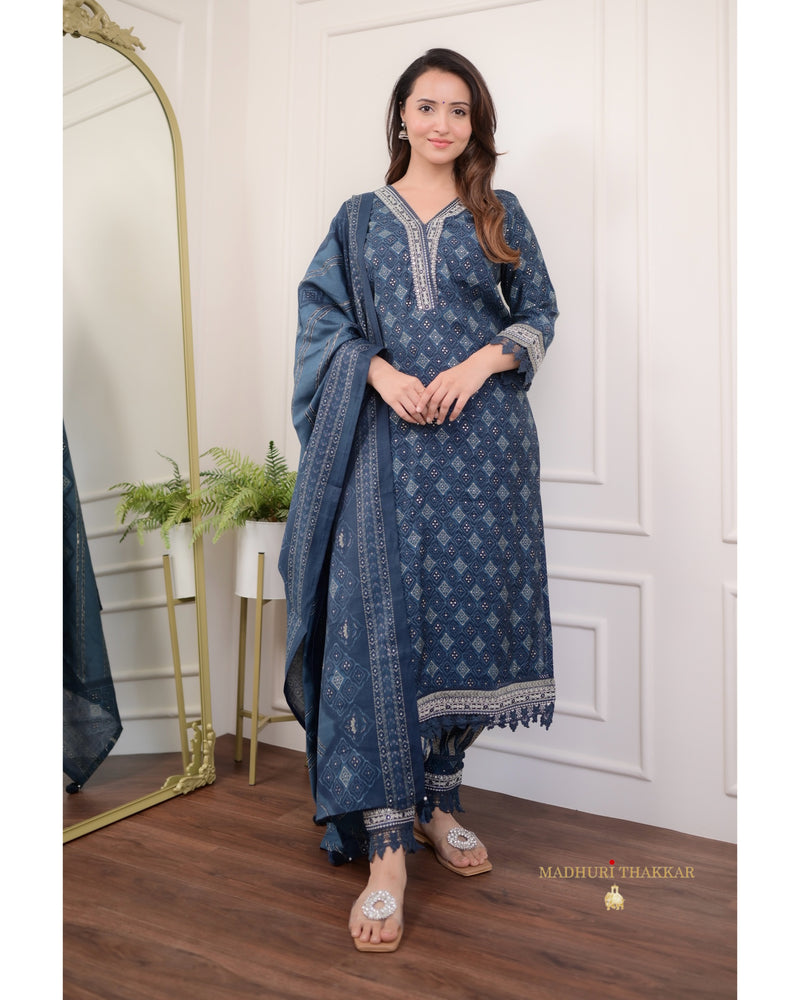 Blue Muslin Bandhani Print Afghani Suit