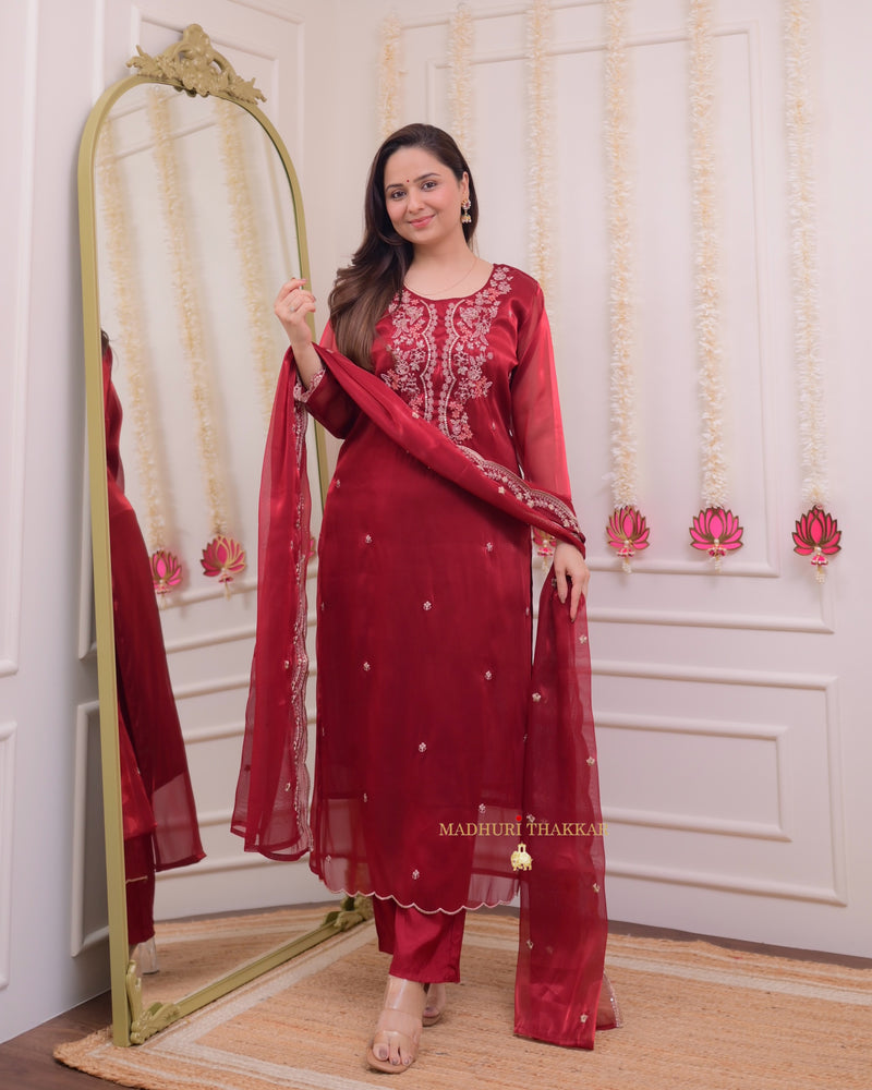 Maroon Glass Tissue Handwork Festive Suit