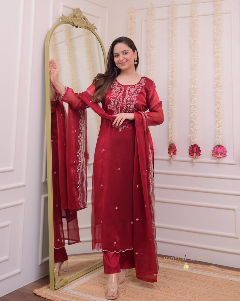 Maroon Glass Tissue Handwork Festive Suit