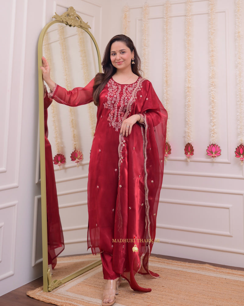 Maroon Glass Tissue Handwork Festive Suit