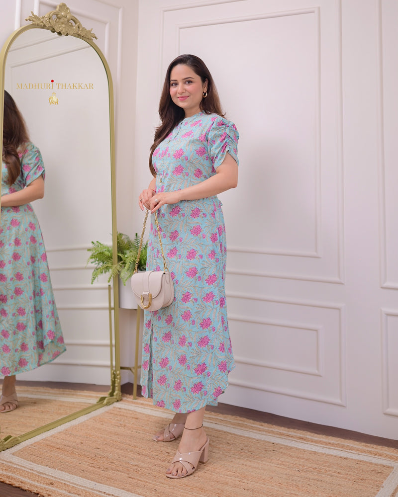 Powder Blue Pink Lotus Cotton A Line Dress