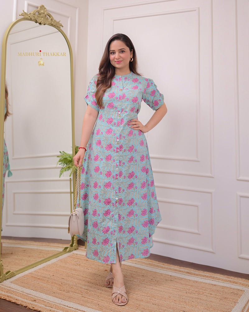 Powder Blue Pink Lotus Cotton A Line Dress