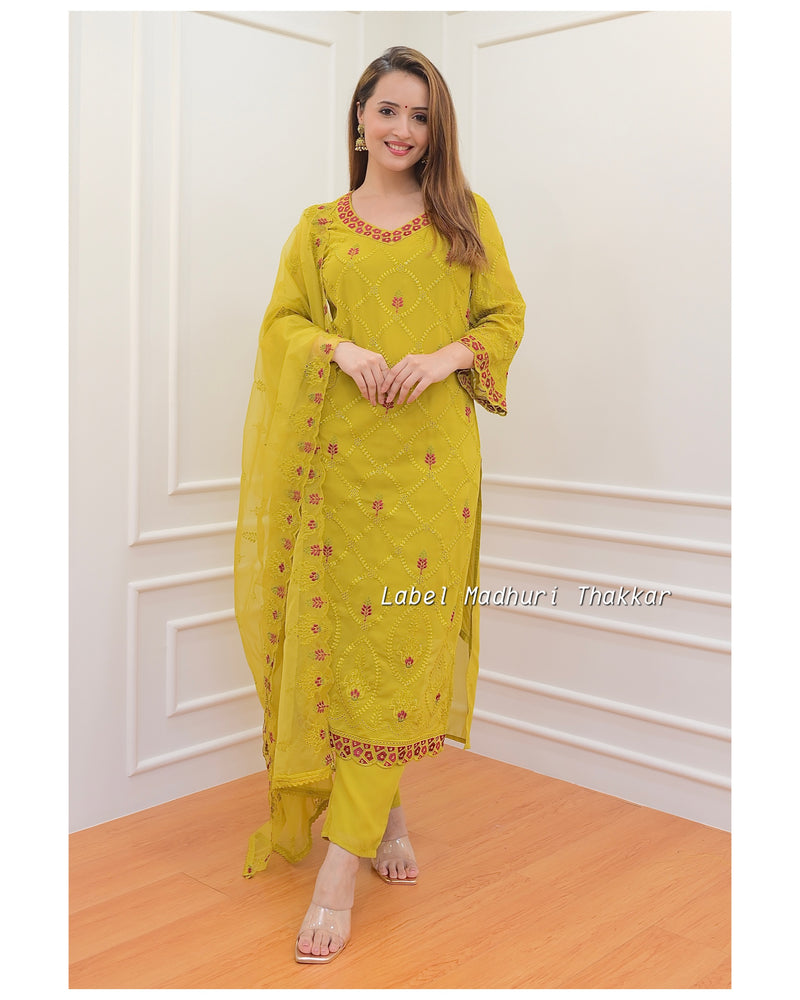 Mustard Georgette Schiffli Suit