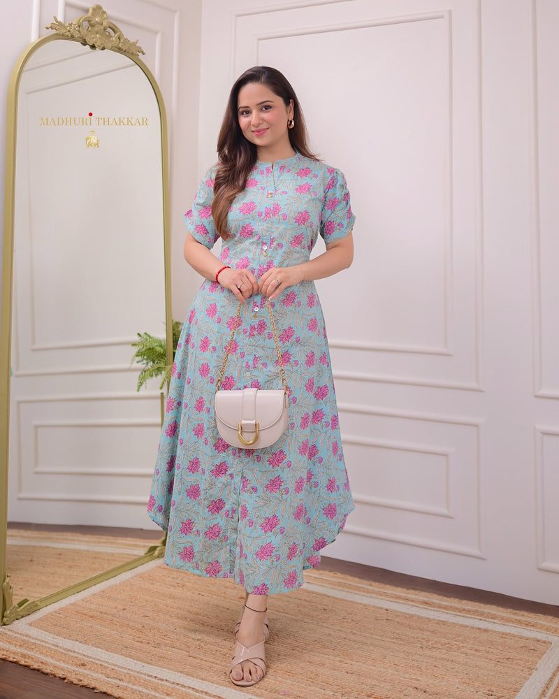 Powder Blue Pink Lotus Cotton A Line Dress