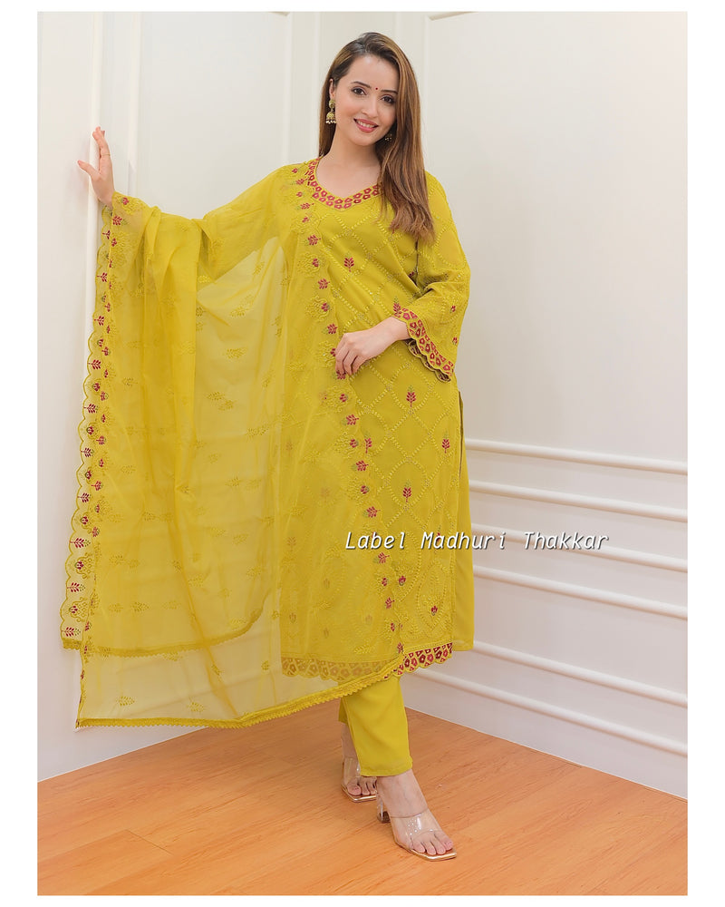 Mustard Georgette Schiffli Suit