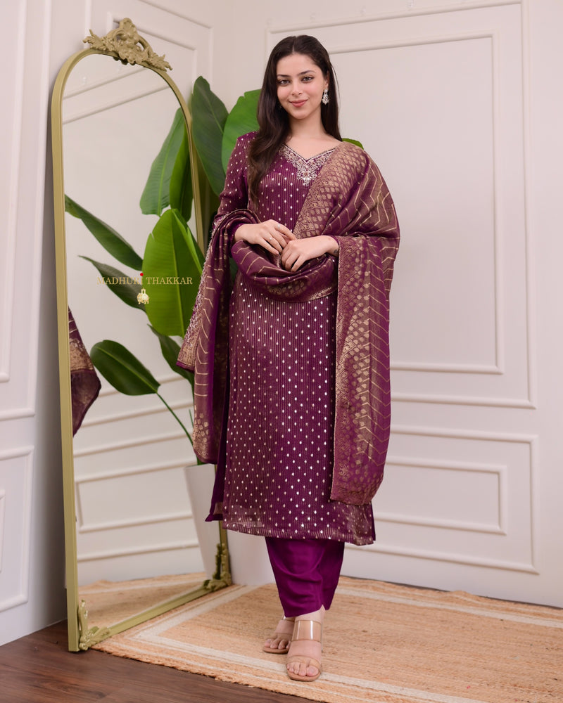 Wine Organza Shimmer Jacquard Handwork Festive Suit