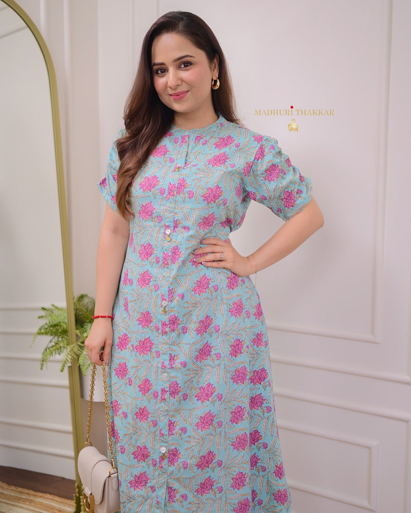 Powder Blue Pink Lotus Cotton A Line Dress