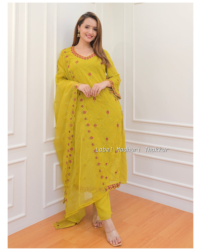 Mustard Georgette Schiffli Suit