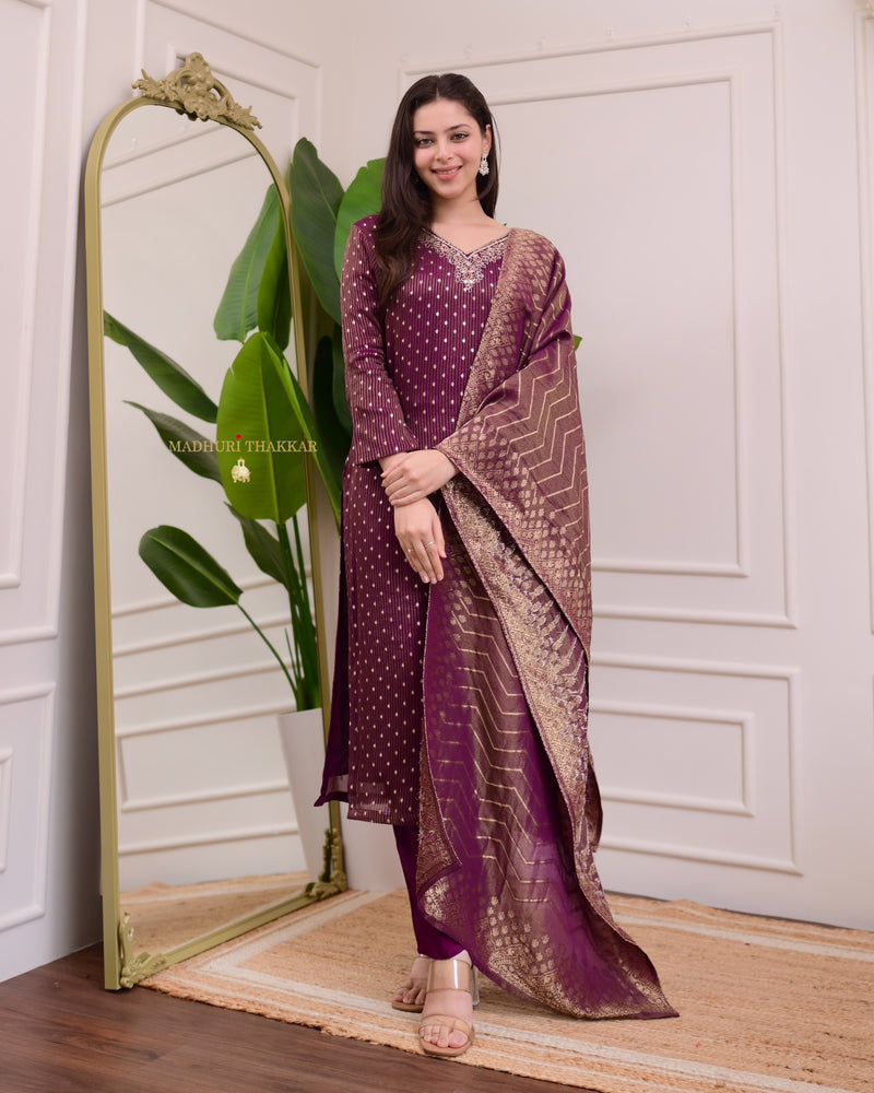 Wine Organza Shimmer Jacquard Handwork Festive Suit