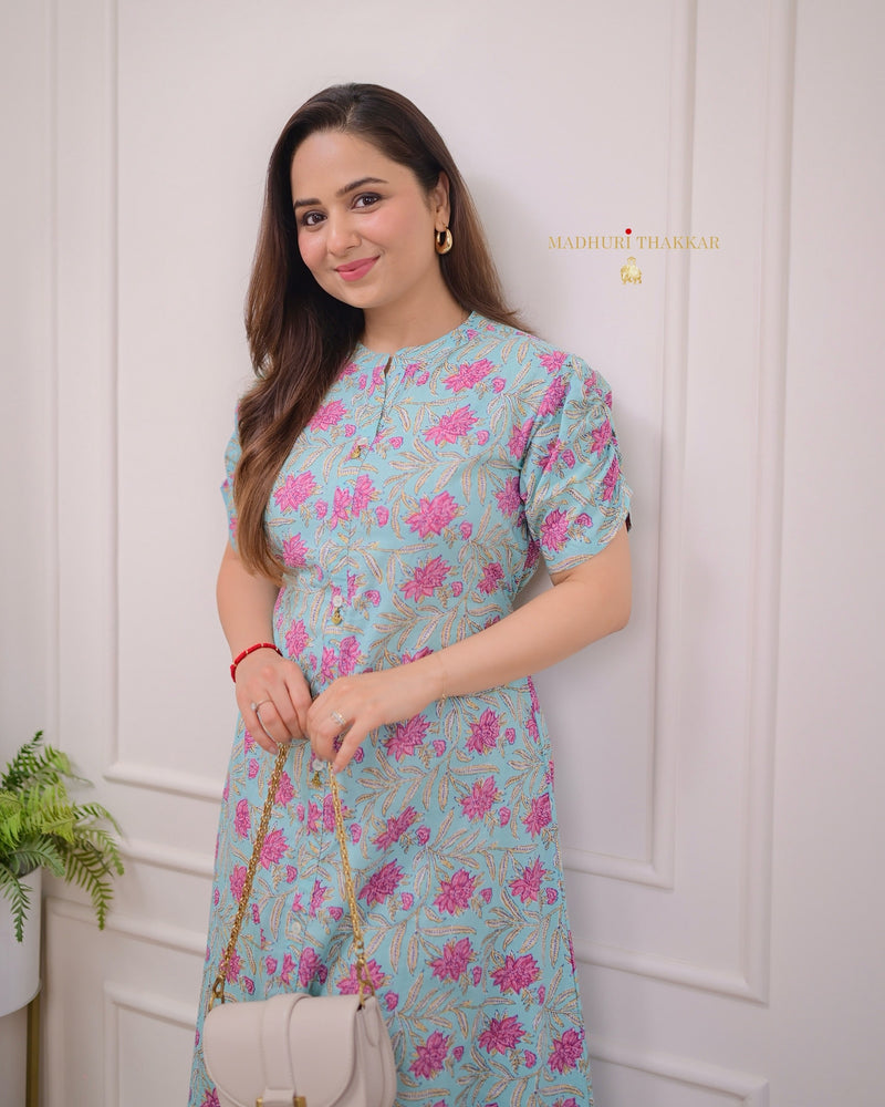 Powder Blue Pink Lotus Cotton A Line Dress