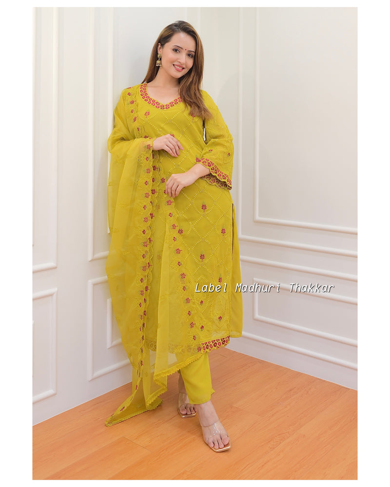 Mustard Georgette Schiffli Suit